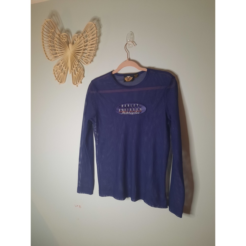 Vintage Y2K Harley-Davidson Long Sleeve Mesh Tee in Deep Purple, Biker, Festival